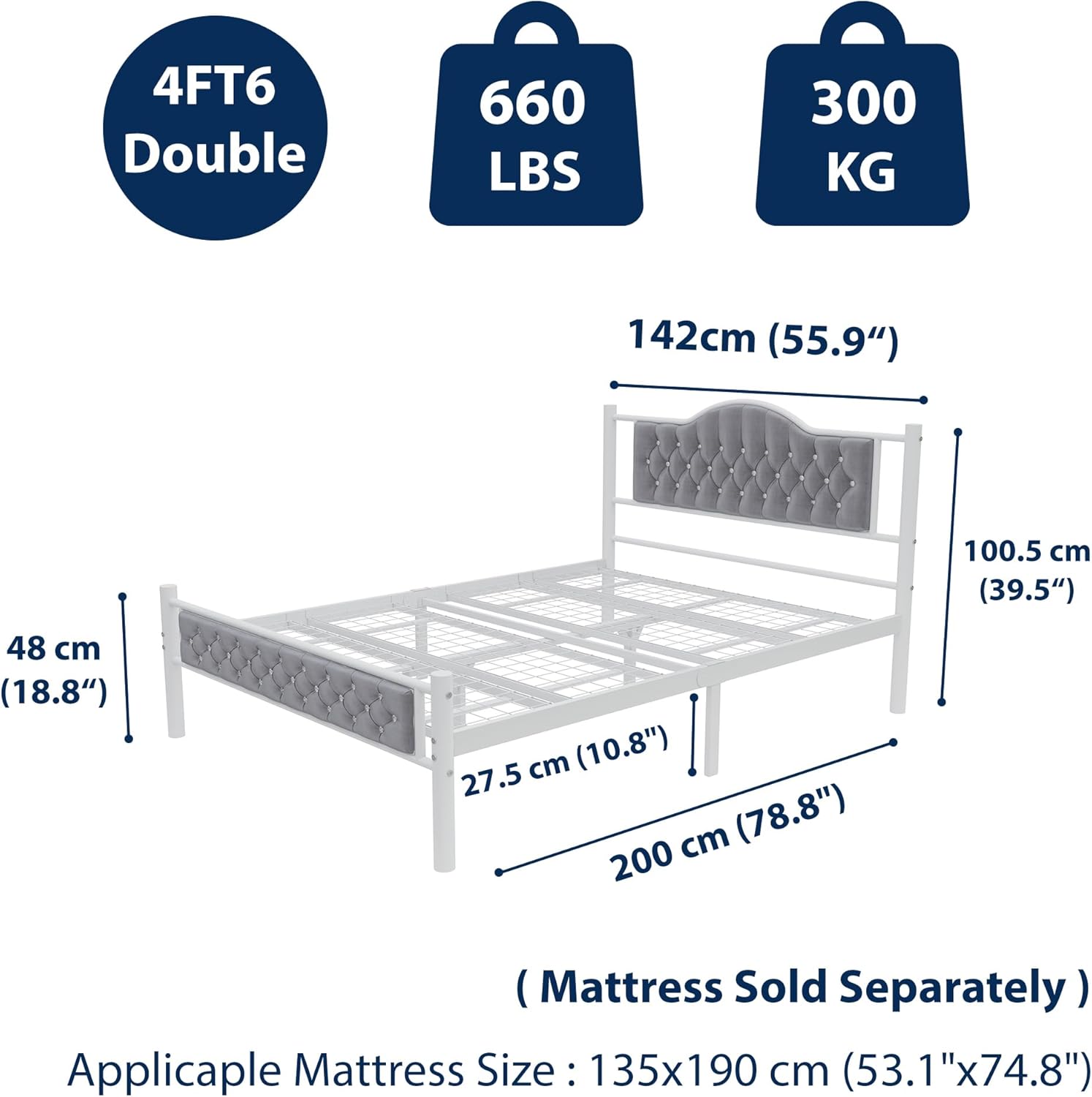 Milan 4ft6 Double White Grey Bed Rear View