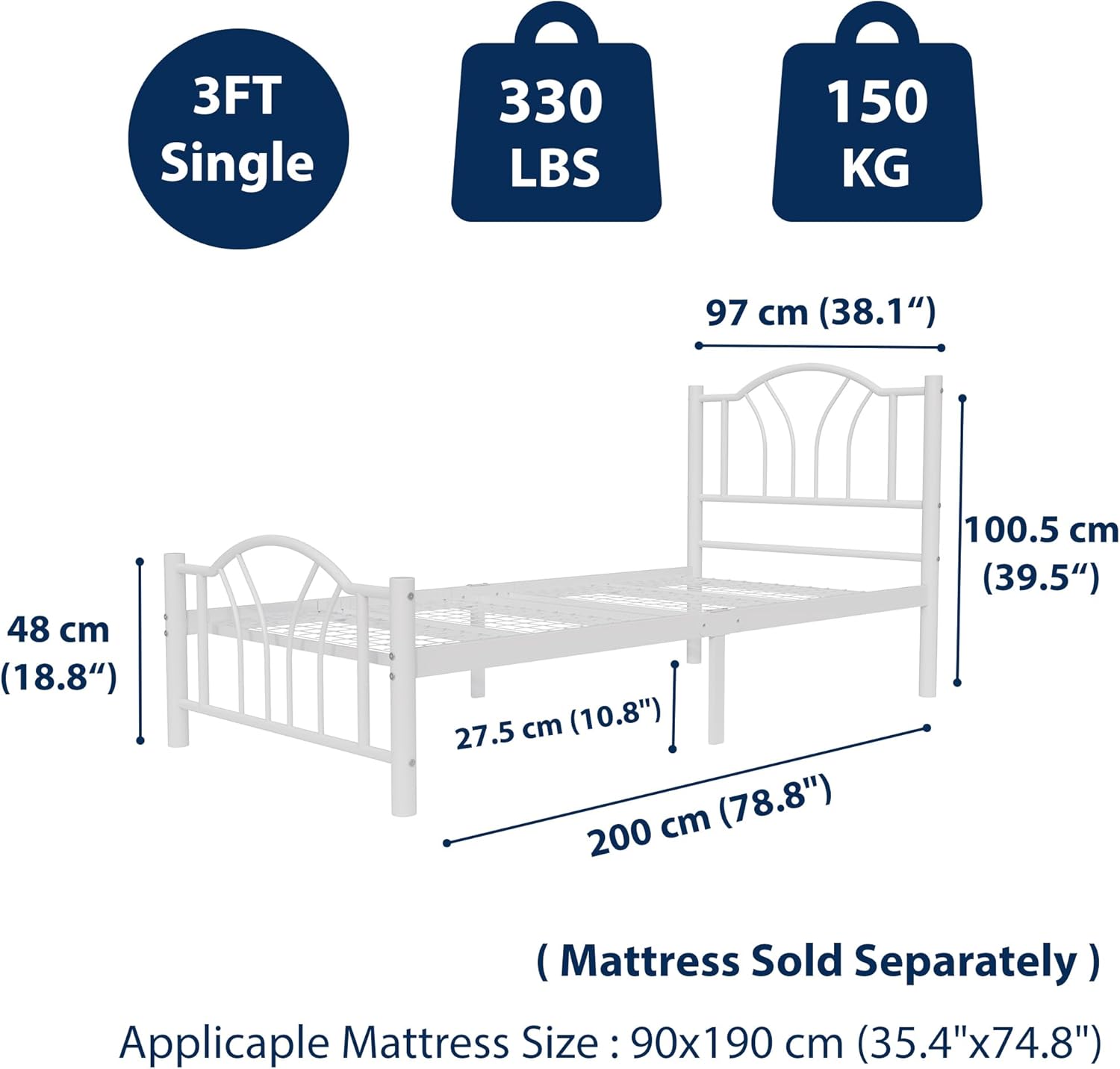 Bella 3ft Single White Bed Rear View