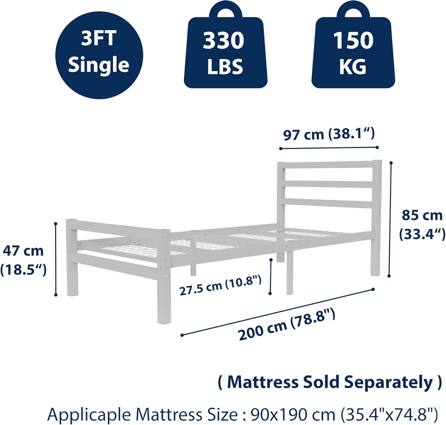 Buhara 3ft Single White heavy duty mesh base bed frame Rear View