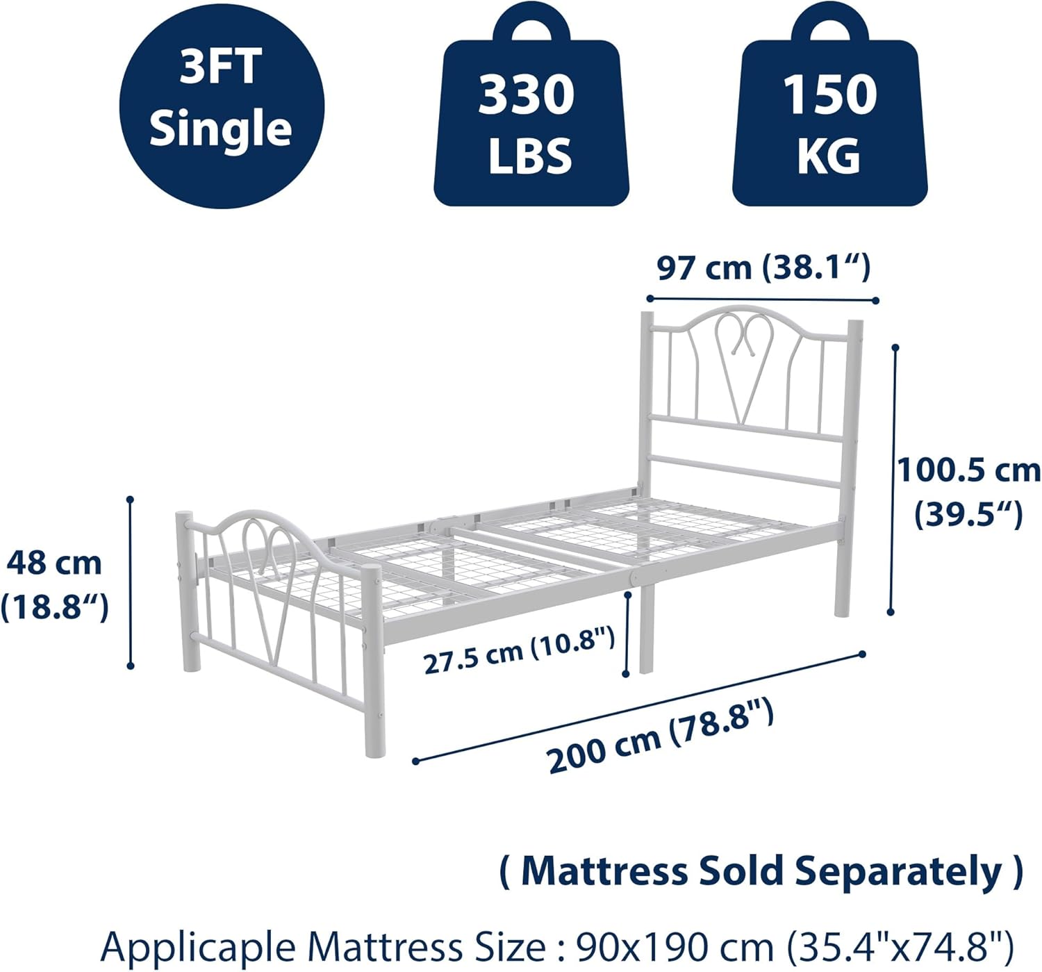 Orkide 3ft Single White Bed Rear View