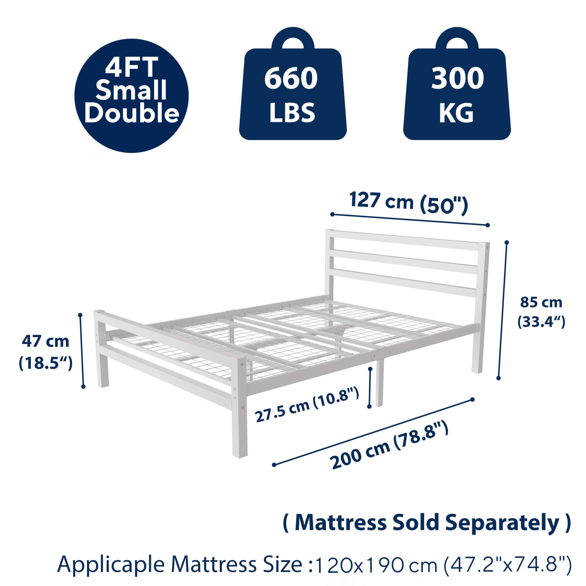 Buhara 4ft Small Double White heavy duty mesh base bed frame Rear View