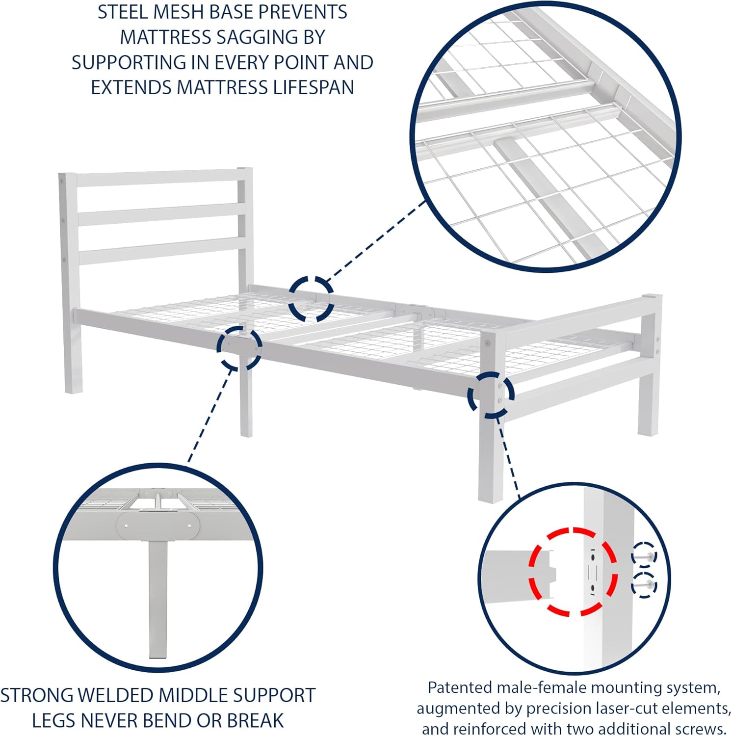 Buhara 3ft Single White heavy duty mesh base bed frame Side View