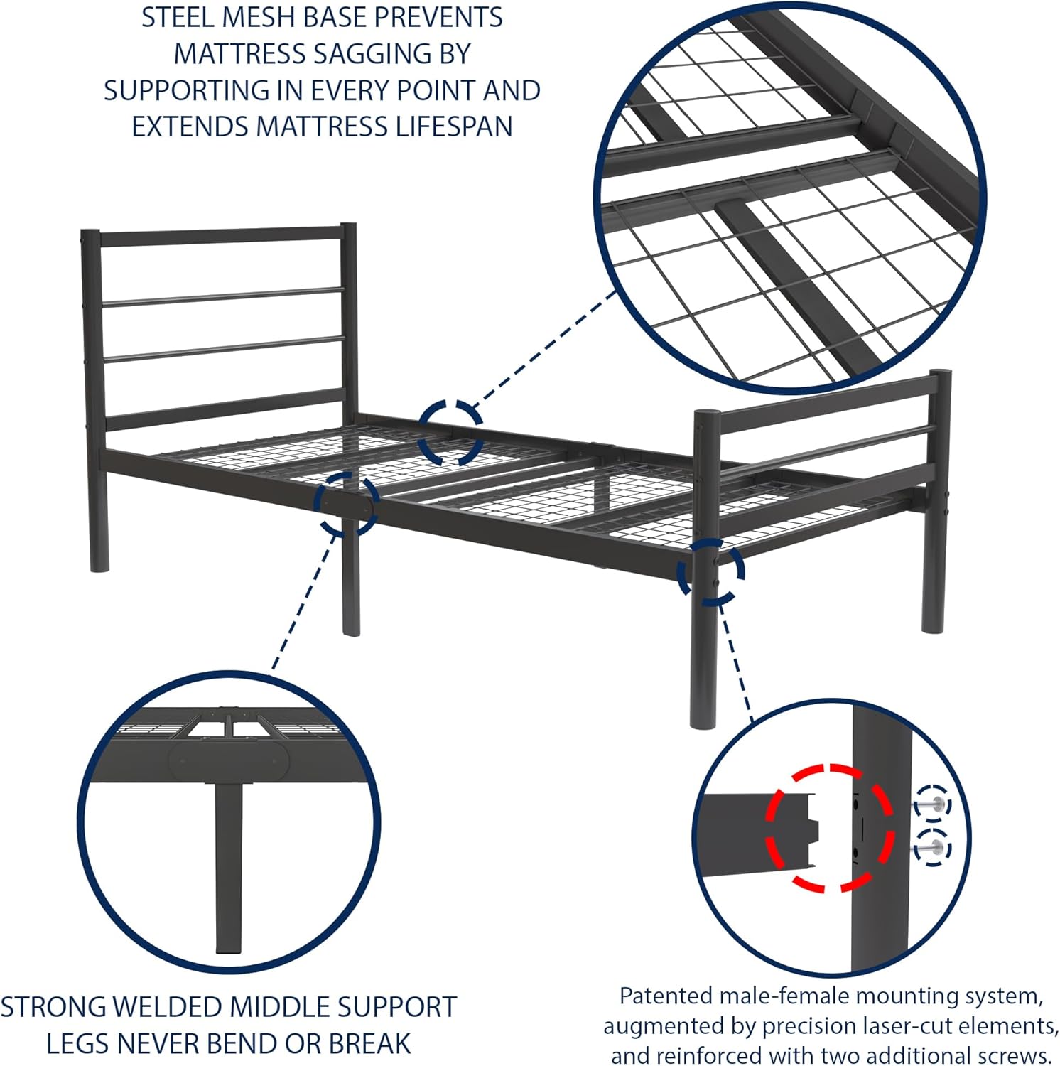 Chester 3ft Black Heavy Duty Mesh Base Metal Bed Frame