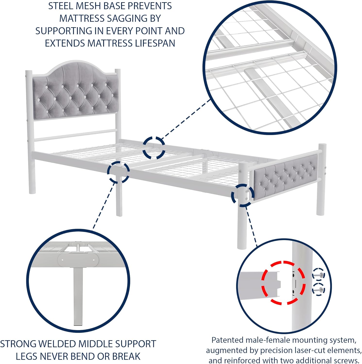 Milan 3ft Single White Grey Bed Side View