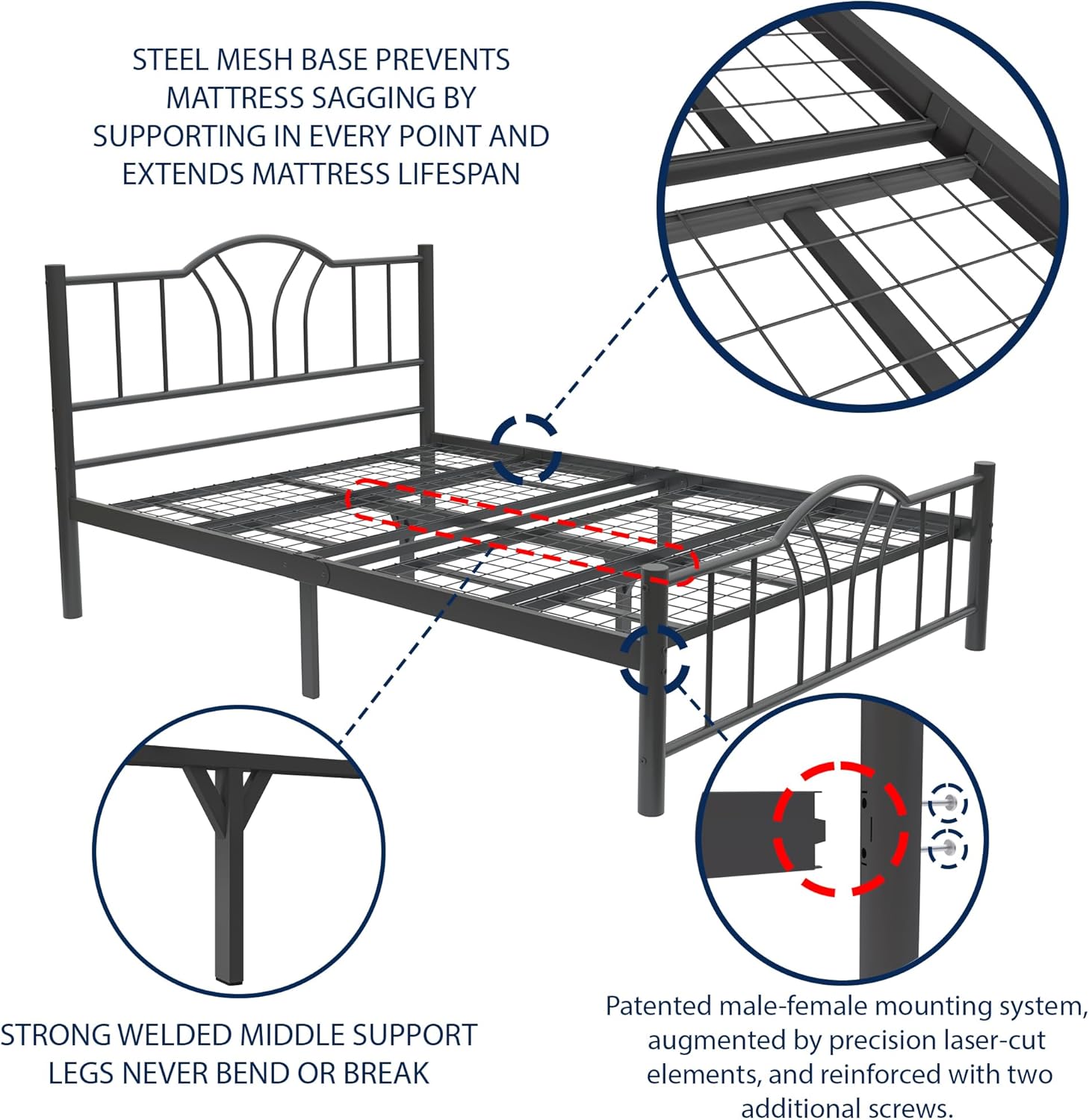 Bella 4ft Black Heavy Duty Mesh Base Bed Frame