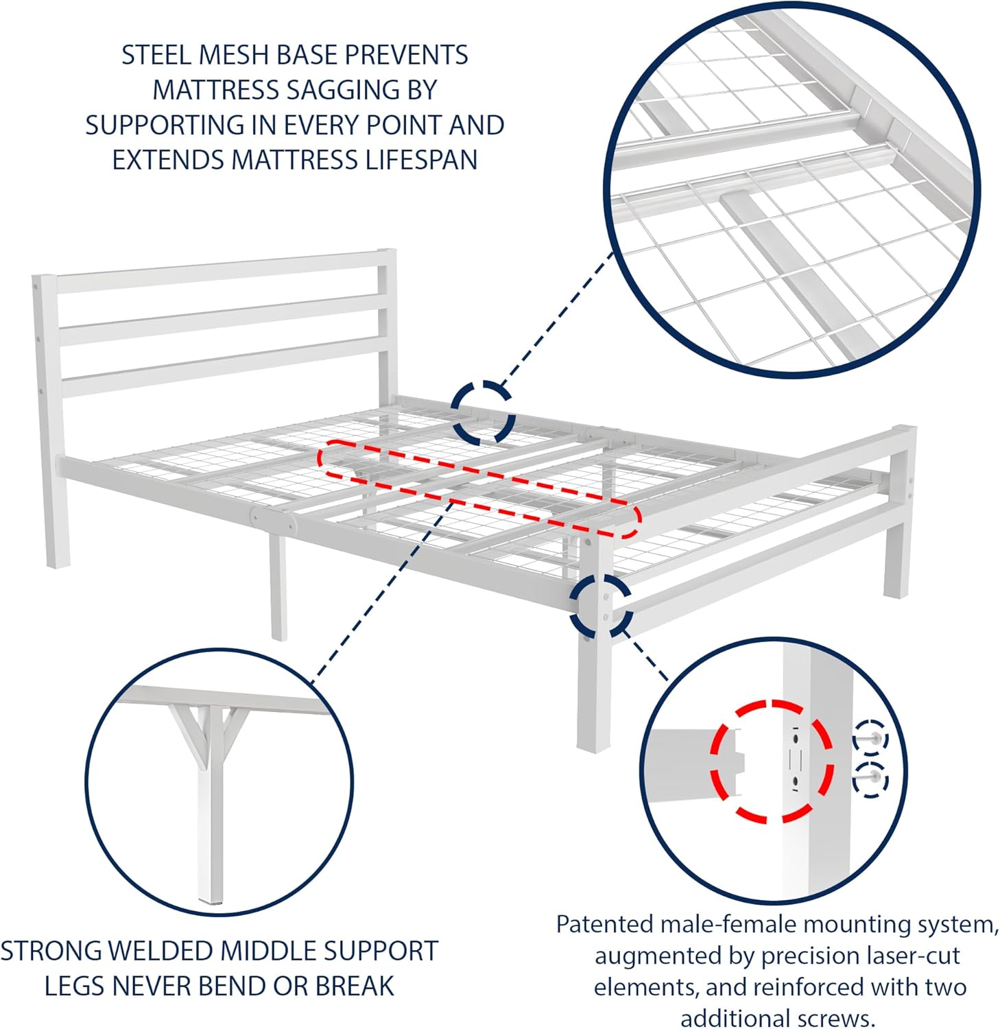 Buhara 4ft Small Double White heavy duty mesh base bed frame Side View